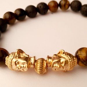 Buddha double head tiger eye and Lava rock beed unisex bracelet for him & her